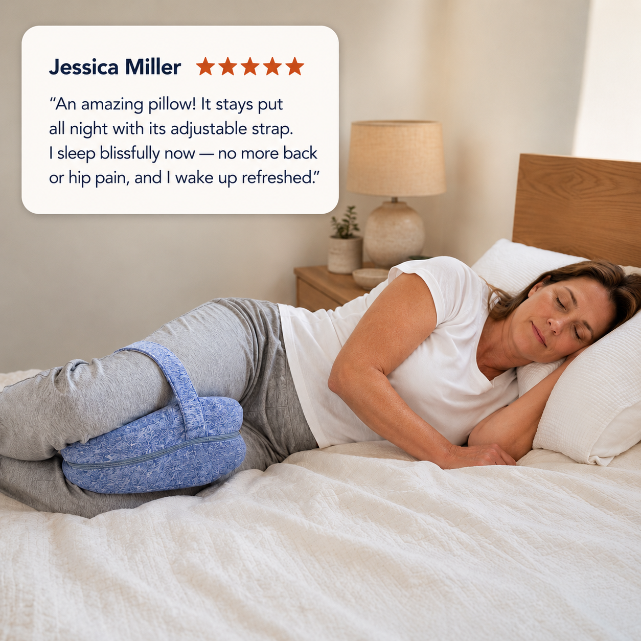 Restora Therapeutic Pillow used between the knees of a side sleeper with a five-star customer review