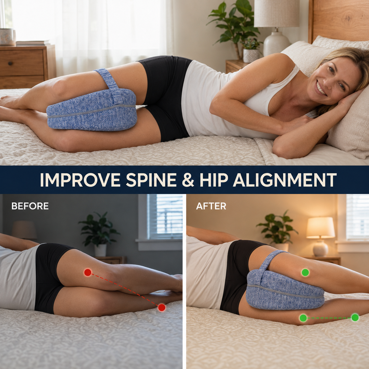 Before and after showing improved spine and hip alignment when sleeping with the Restora pillow between the knees