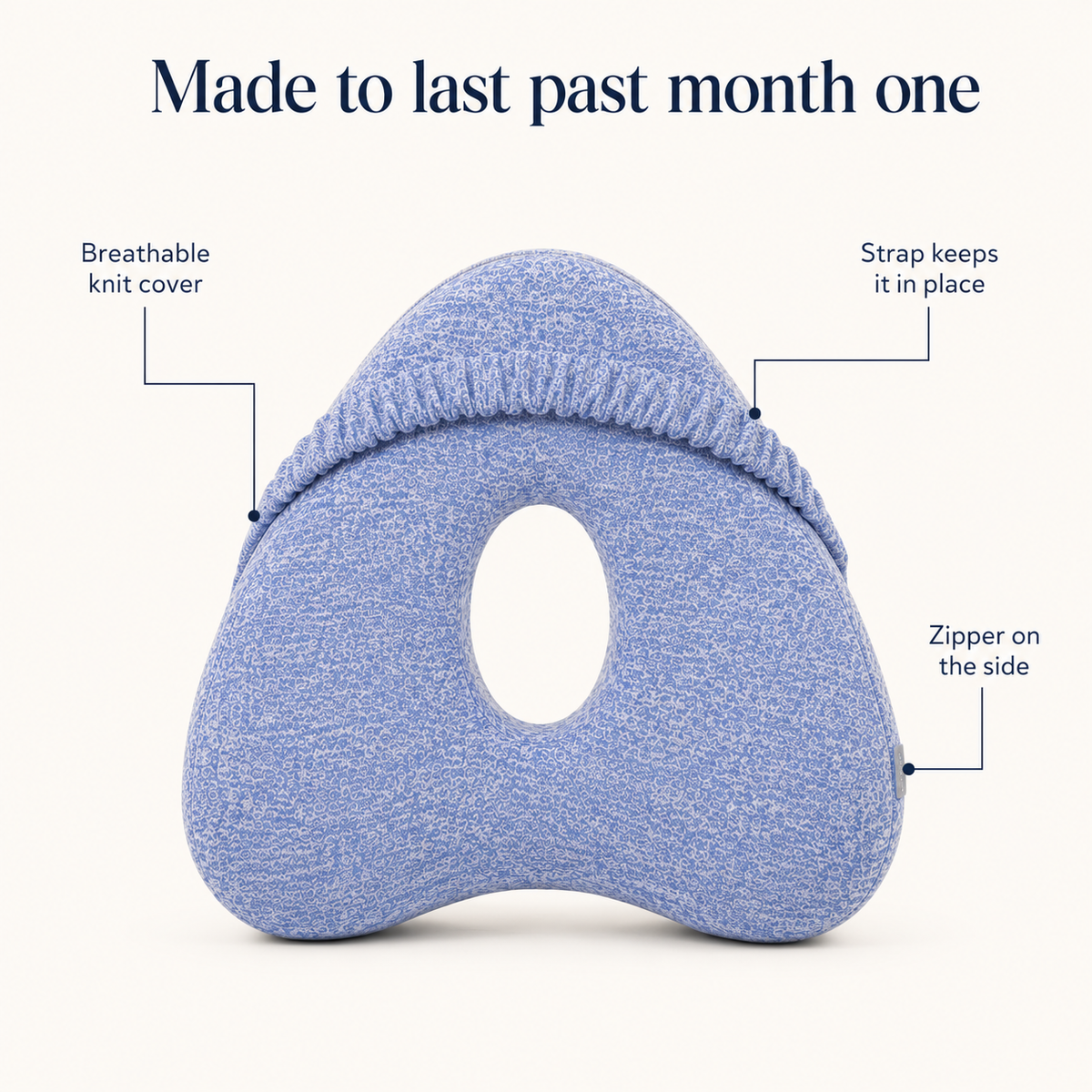 Restora pillow construction: breathable knit cover, elastic strap, and side zipper