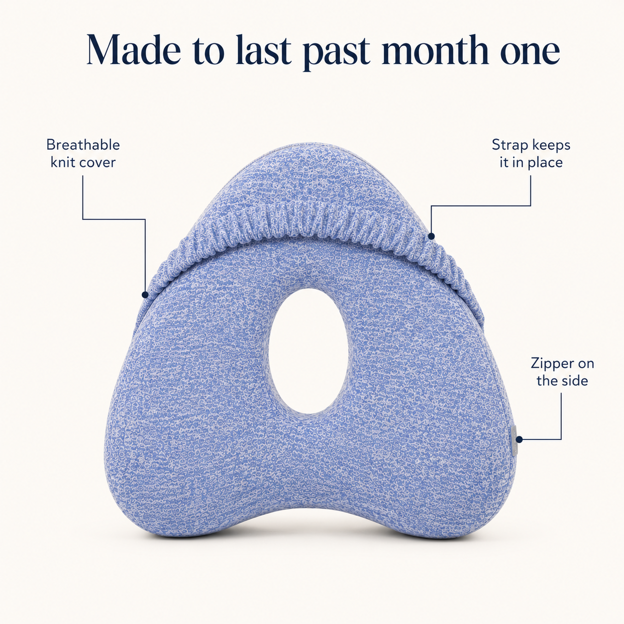 Restora pillow construction: breathable knit cover, elastic strap, and side zipper