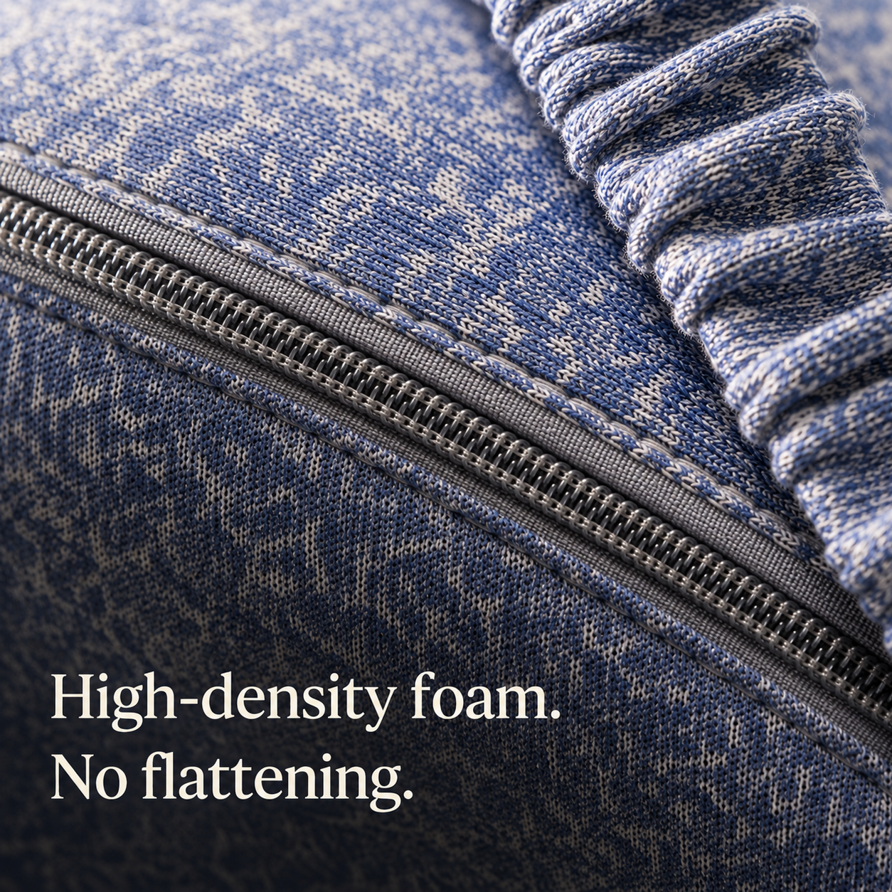 Close-up of the Restora pillow high-density memory foam, knit fabric, zipper and strap detail
