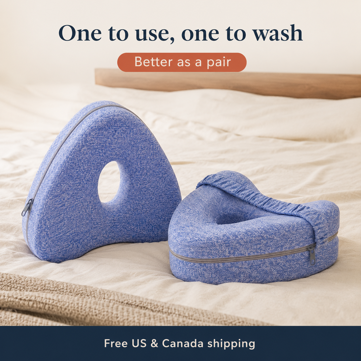 Two Restora leg alignment pillows shown as a bundle with free US and Canada shipping